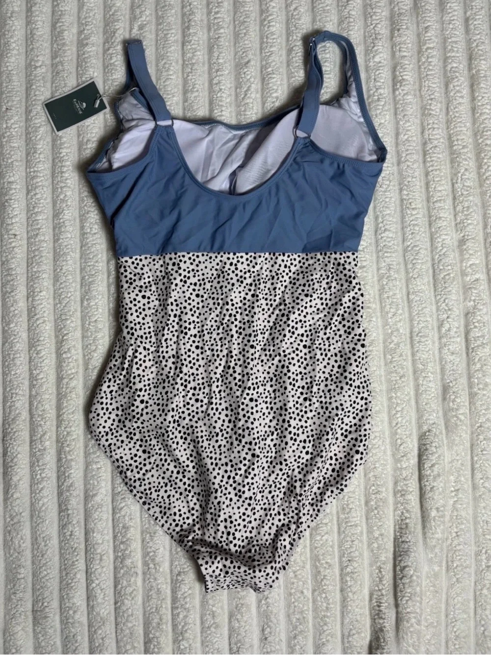 Tie-Front Scoop One-Piece Swimsuit in Dusty Blue and White Spot